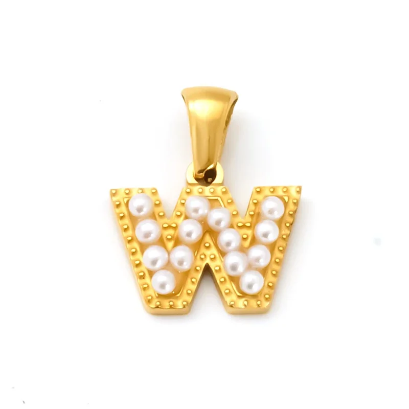 18K Gold-Plated Stainless Steel Pearl Letter Pendant - Gold Letter W