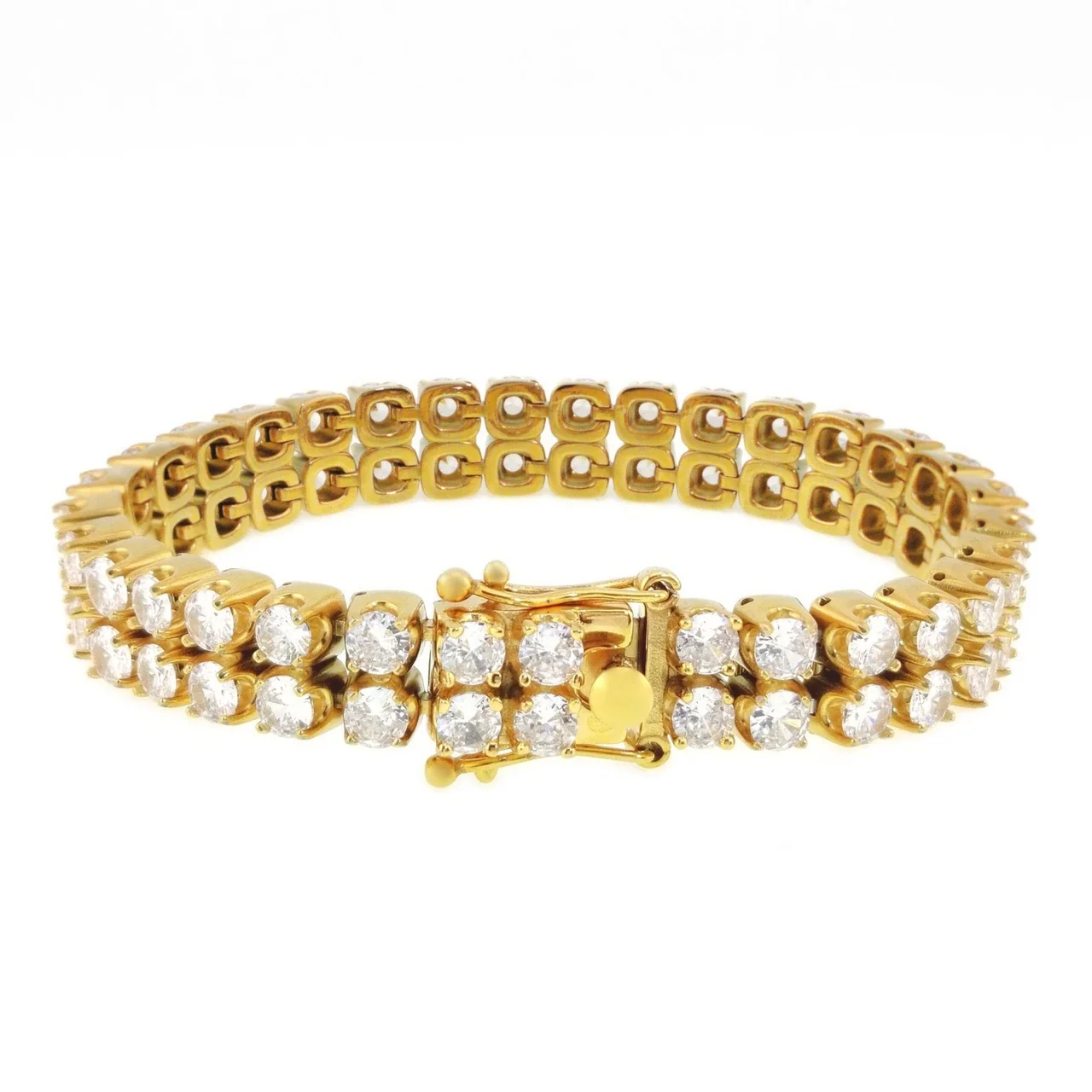 Cuban Chain Bracelet with Pavé Links 316 Stainless Steel PVD - Gold Double-Row CZ, 12 mm x 21.5 cm (8 in)