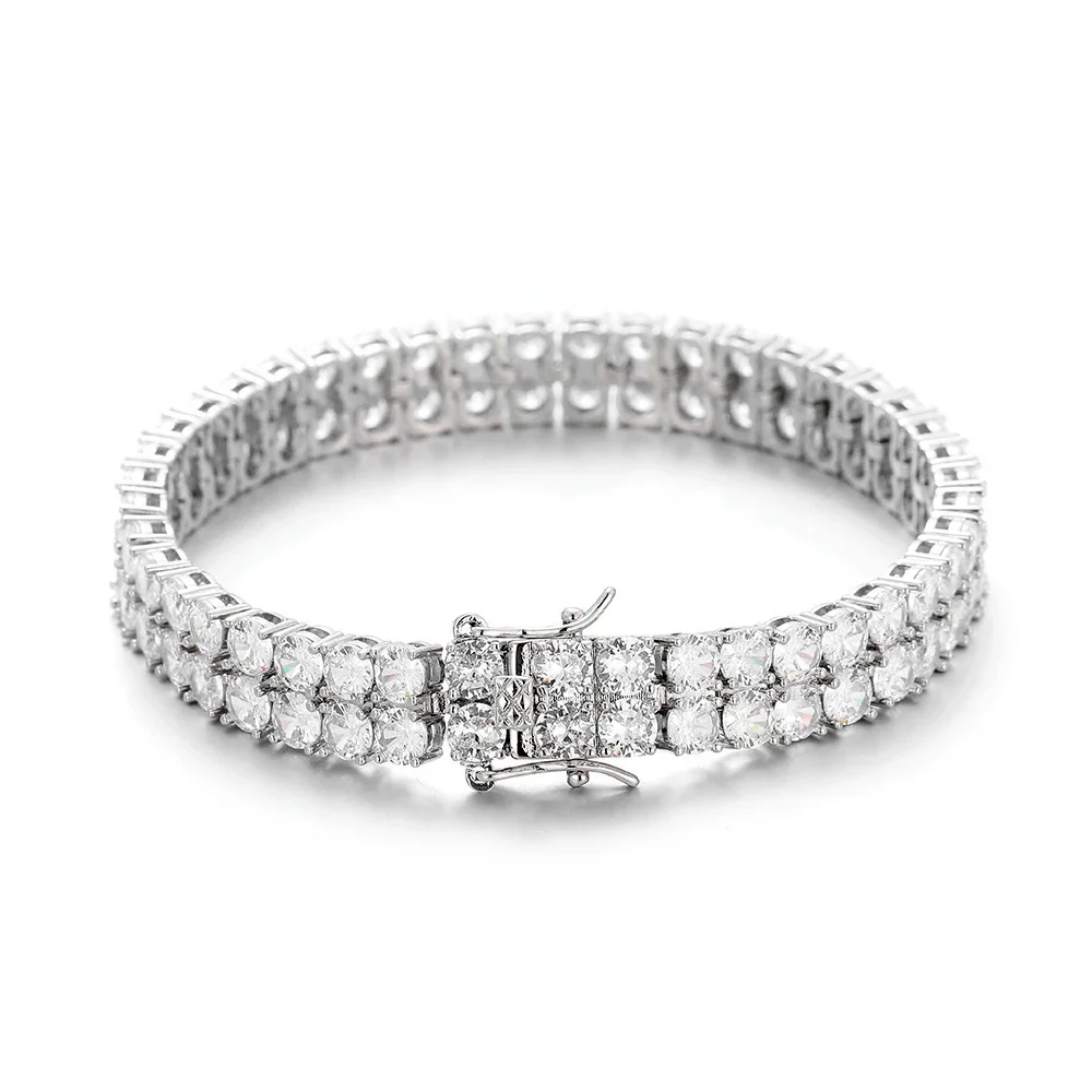 Cuban Chain Bracelet with Pavé Links 316 Stainless Steel PVD - Silver Double-Row CZ, 12 mm x 21.5 cm (8 in)
