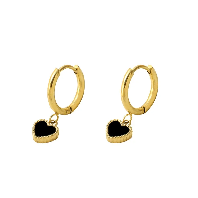 Earrings Black Agate Heart Huggie 316 Stainless Steel 18K Gold PVD