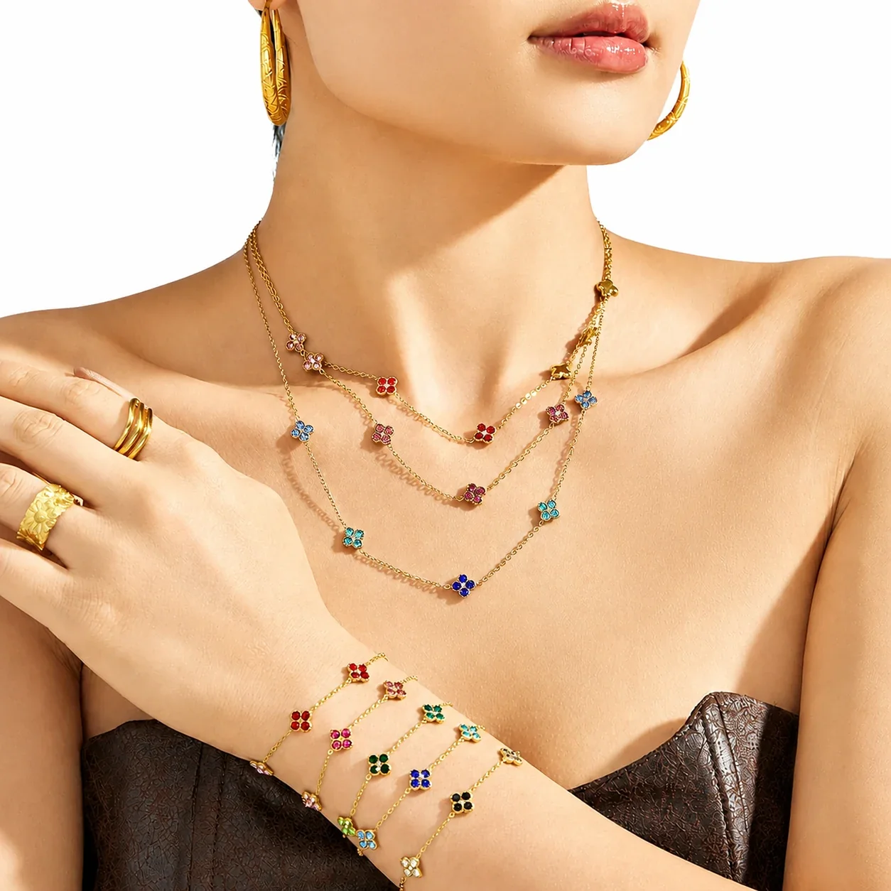 Clover 316L Stainless Steel Round CZ Station Jewelry Set