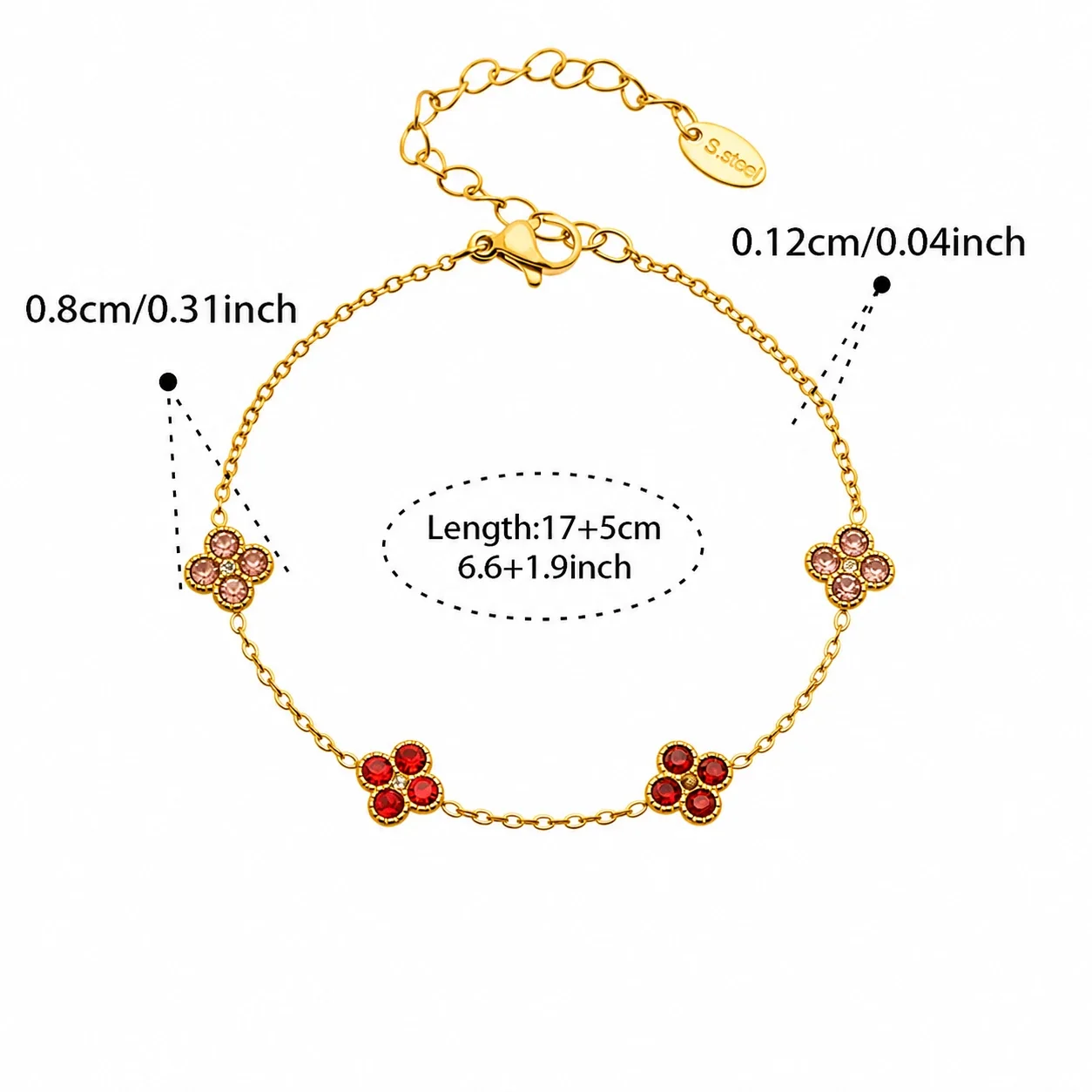 Clover 316L Stainless Steel Round CZ Station Jewelry Set - Gold Red CZ 17+5 cm
