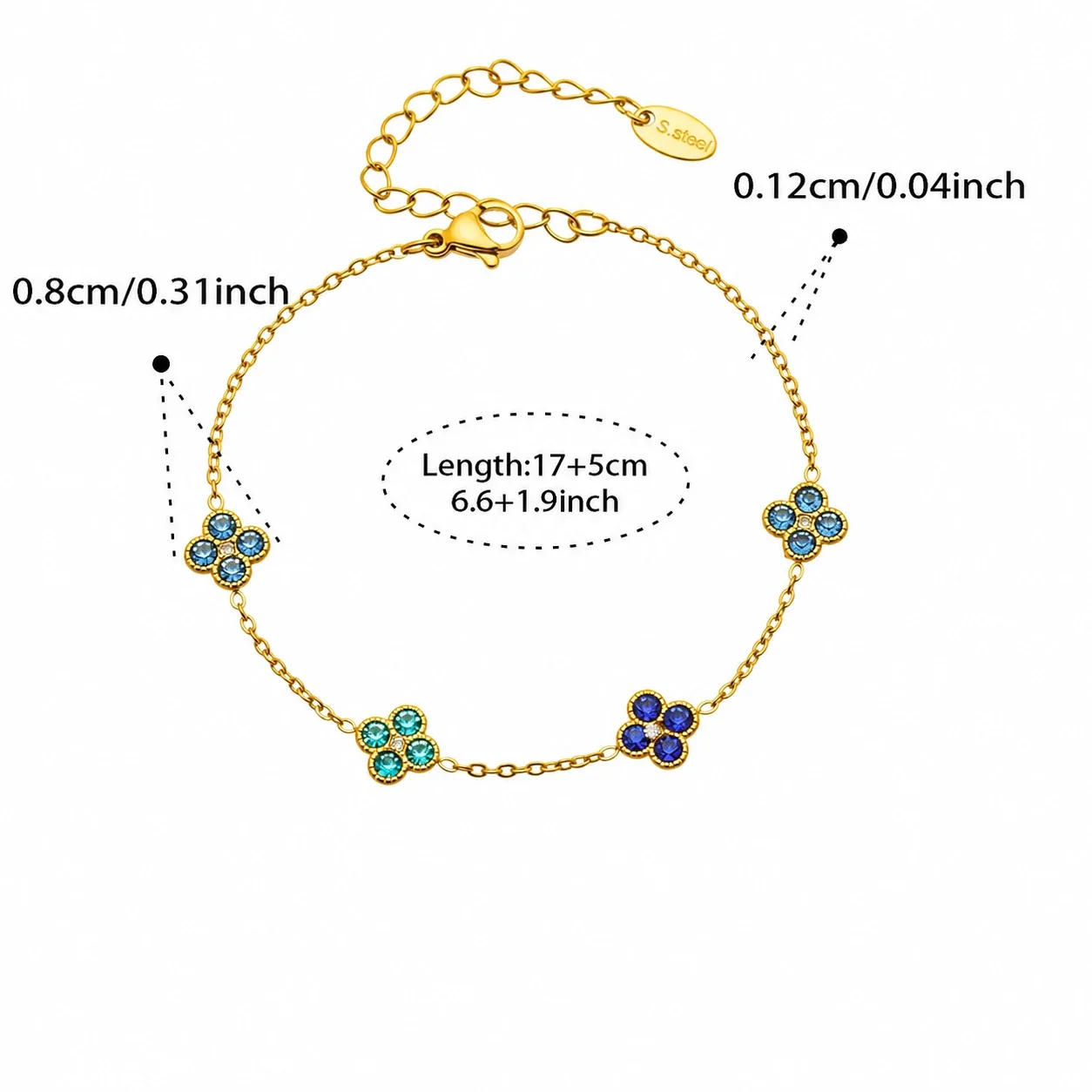 Clover 316L Stainless Steel Round CZ Station Jewelry Set - Gold Blue CZ 17+5 cm