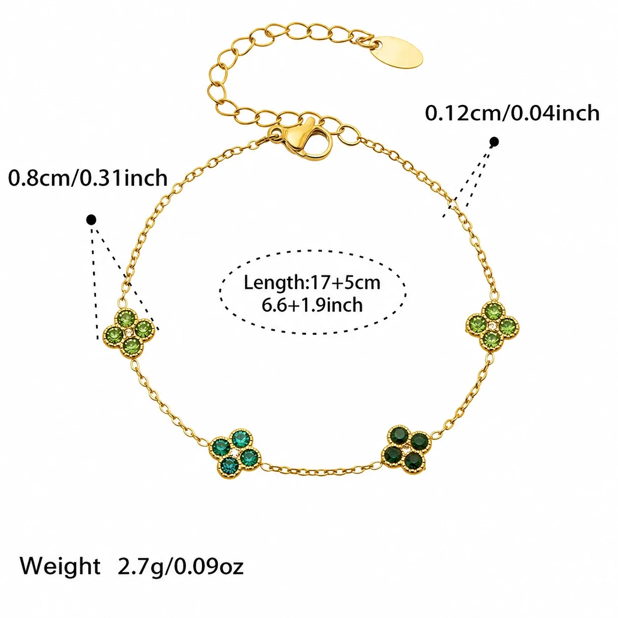 Clover 316L Stainless Steel Round CZ Station Jewelry Set - Gold Green CZ 17+5 cm
