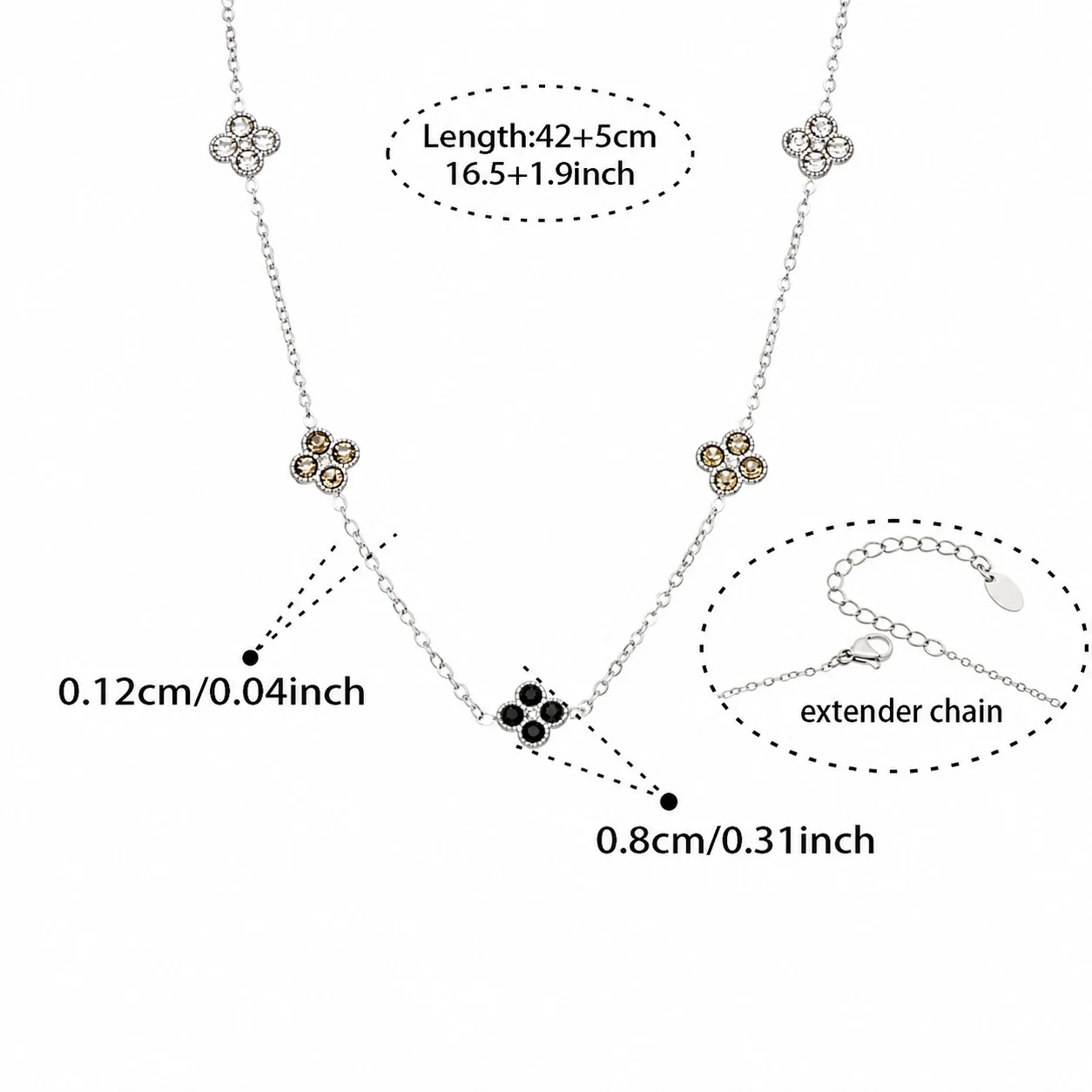 Clover 316L Stainless Steel Round CZ Station Jewelry Set - Silver Black CZ 42+5 cm