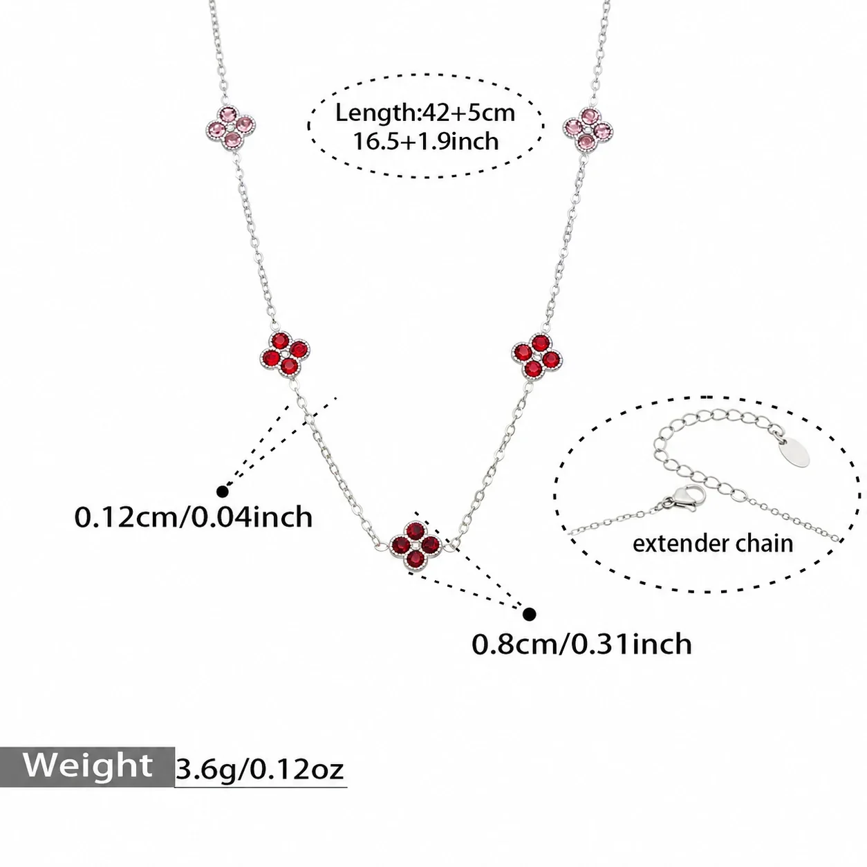 Clover 316L Stainless Steel Round CZ Station Jewelry Set - Silver Red CZ 42+5 cm