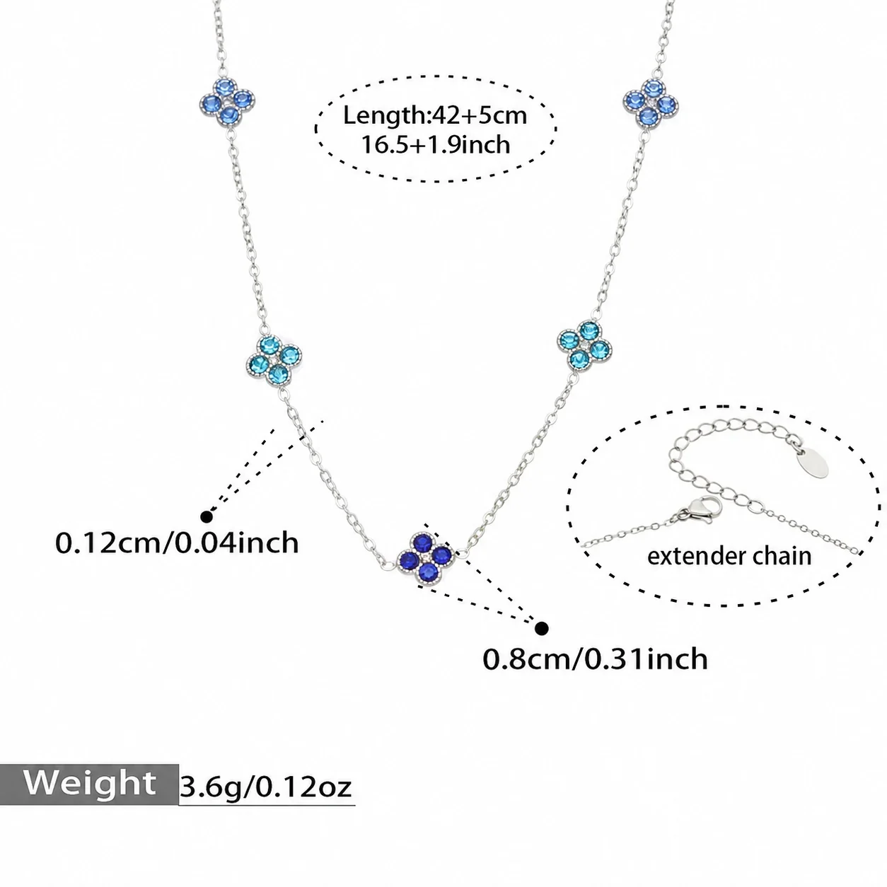 Clover 316L Stainless Steel Round CZ Station Jewelry Set - Silver Blue CZ 42+5 cm