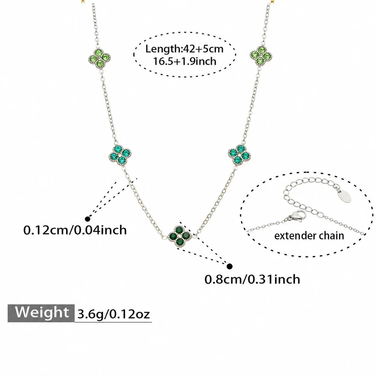 Clover 316L Stainless Steel Round CZ Station Jewelry Set - Silver Green CZ 42+5 cm