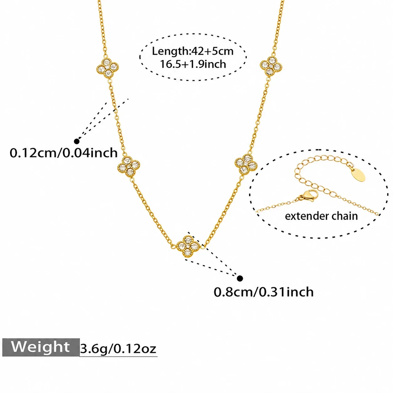 Clover 316L Stainless Steel Round CZ Station Jewelry Set - Gold White CZ 42+5 cm