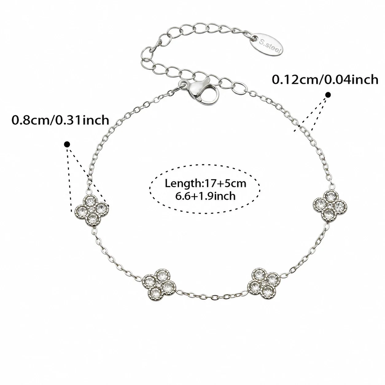 Clover 316L Stainless Steel Round CZ Station Jewelry Set - Silver White CZ 17+5 cm