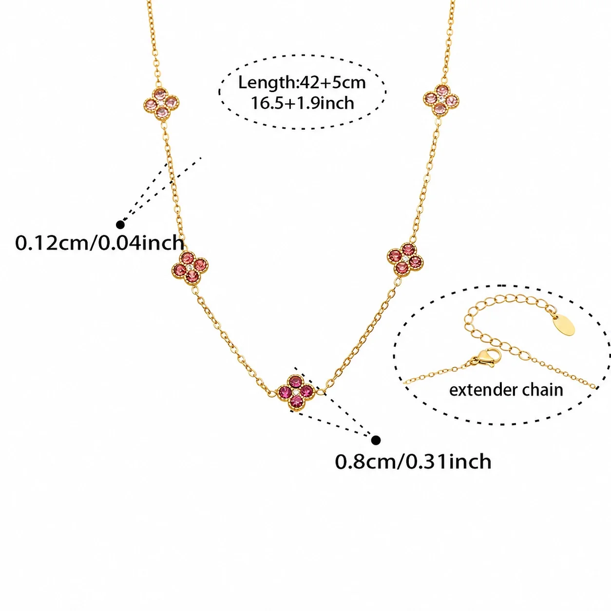 Clover 316L Stainless Steel Round CZ Station Jewelry Set - Gold Pink CZ 42+5 cm