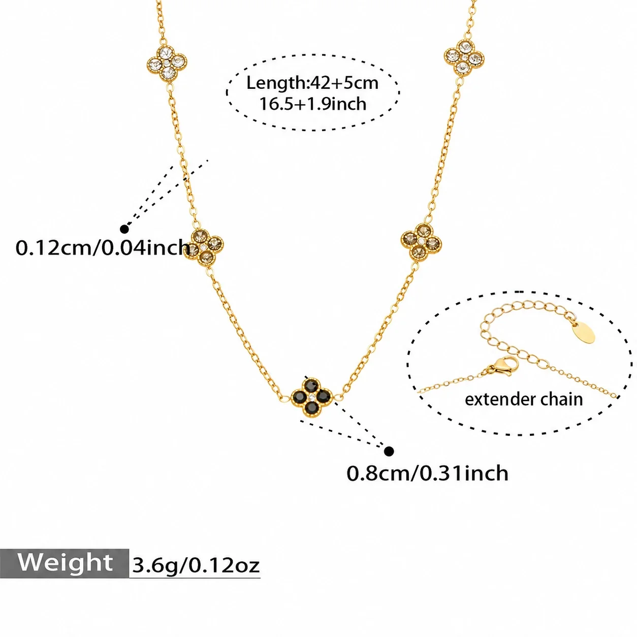 Clover 316L Stainless Steel Round CZ Station Jewelry Set - Gold Black CZ 42+5 cm