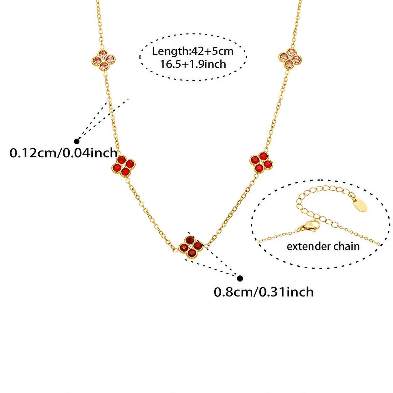 Clover 316L Stainless Steel Round CZ Station Jewelry Set - Gold Red CZ 42+5 cm
