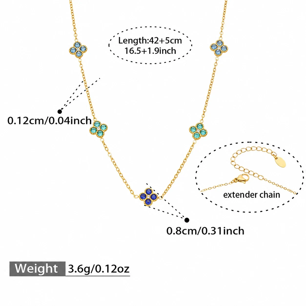 Clover 316L Stainless Steel Round CZ Station Jewelry Set - Gold Blue CZ 42+5 cm