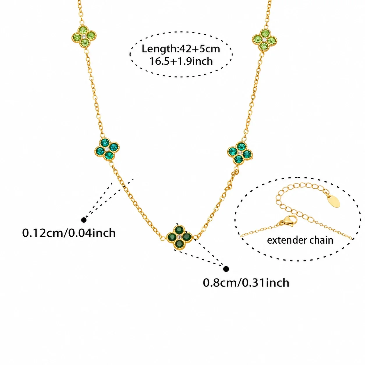 Clover 316L Stainless Steel Round CZ Station Jewelry Set - Gold Green CZ 42+6 cm