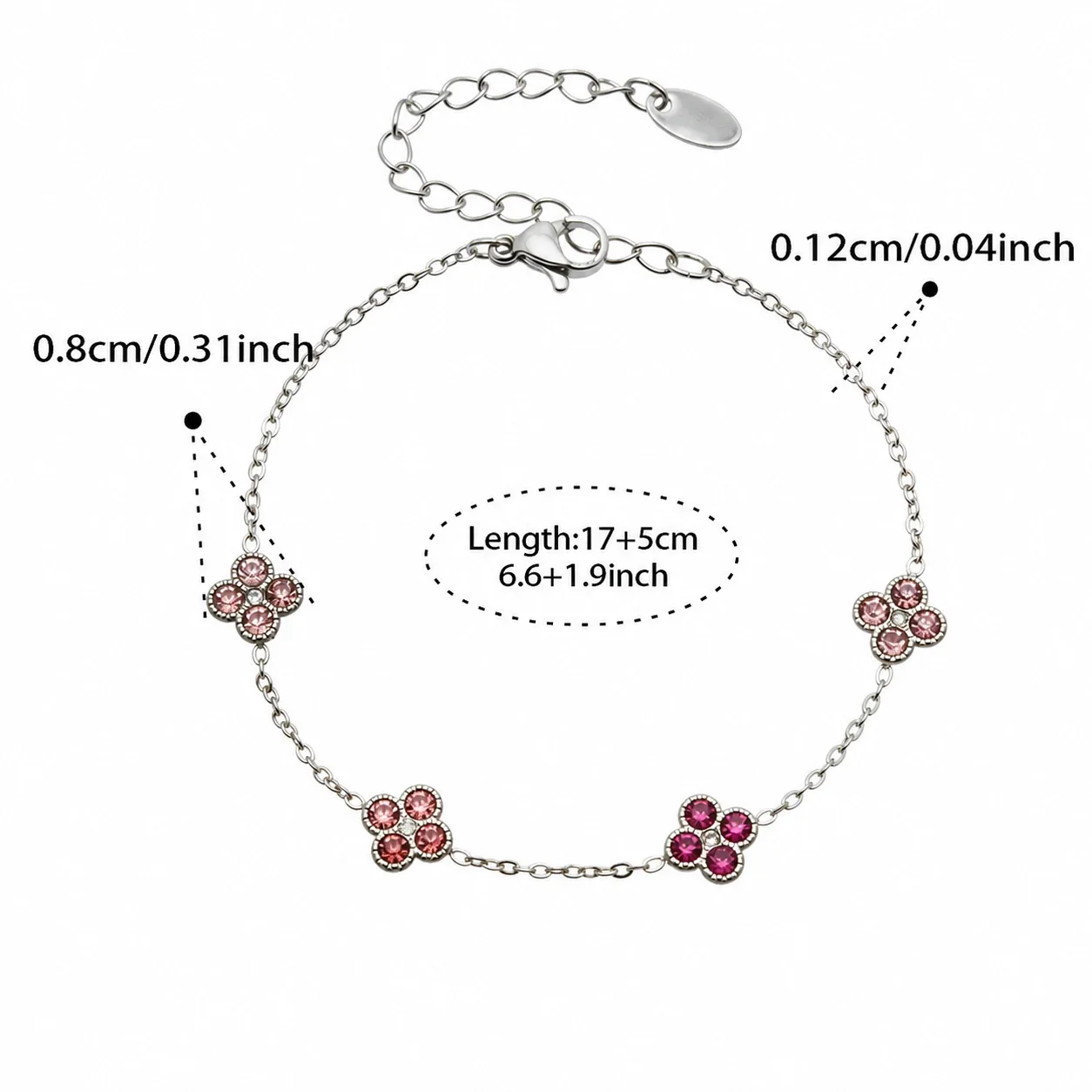 Clover 316L Stainless Steel Round CZ Station Jewelry Set - Silver Pink CZ 17+5 cm