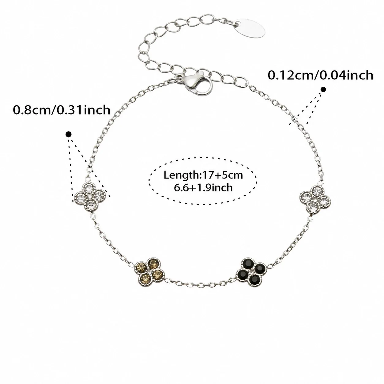 Clover 316L Stainless Steel Round CZ Station Jewelry Set - Silver Black CZ 17+5 cm