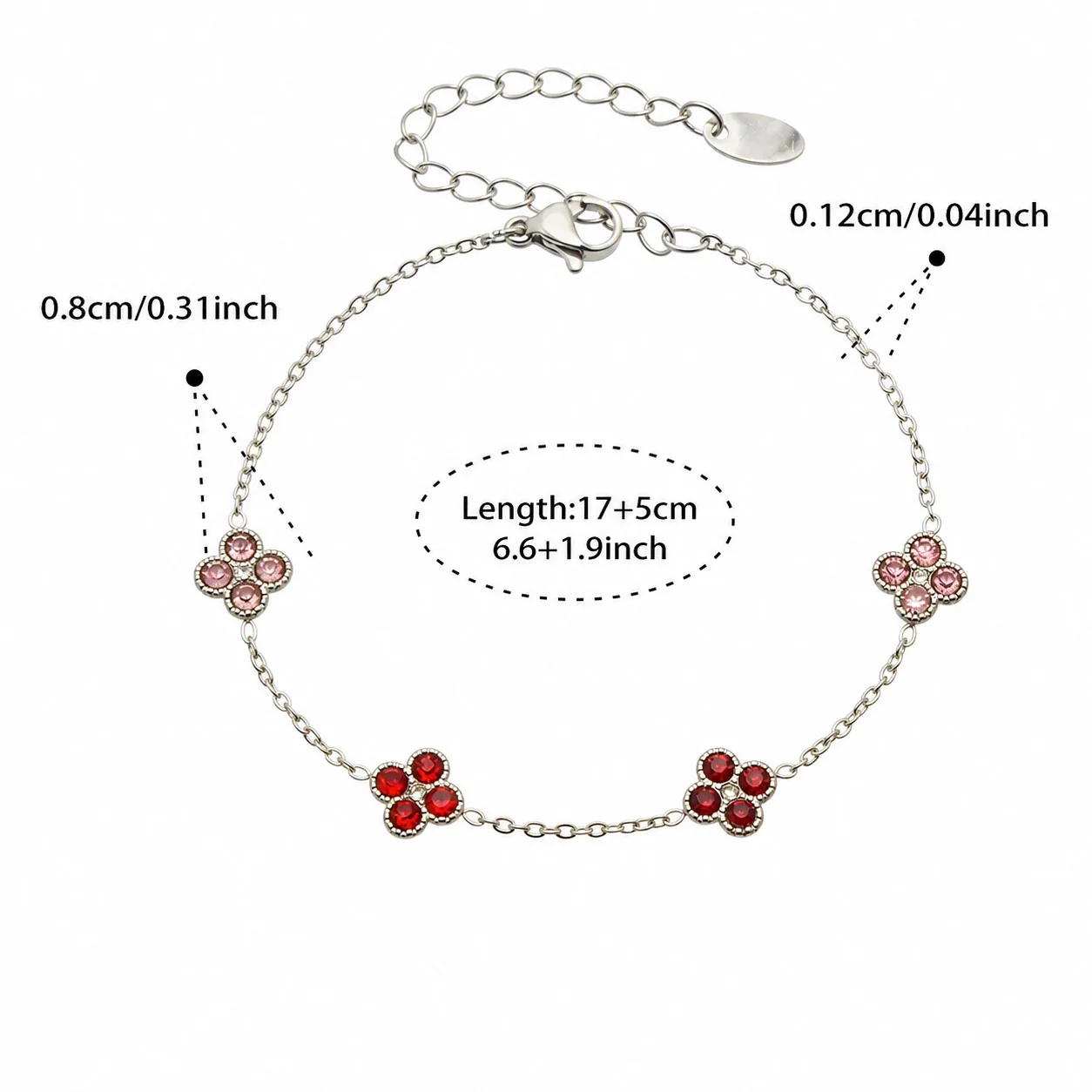 Clover 316L Stainless Steel Round CZ Station Jewelry Set - Silver Red CZ 17+5 cm