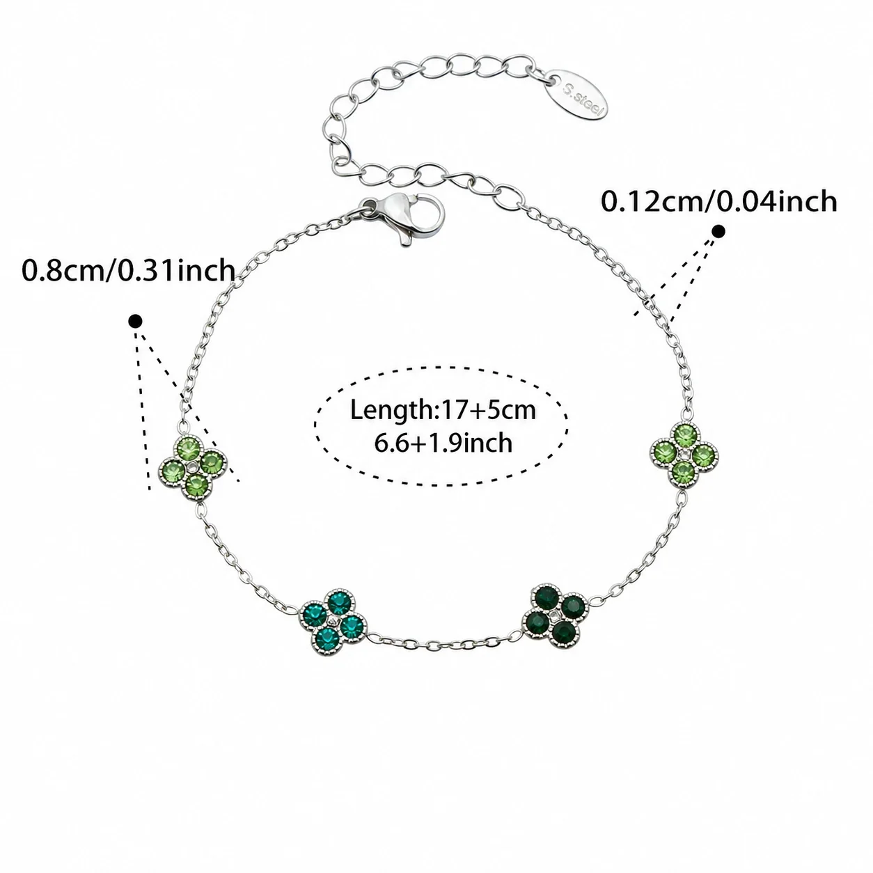 Clover 316L Stainless Steel Round CZ Station Jewelry Set - Silver Green CZ 17+5 cm