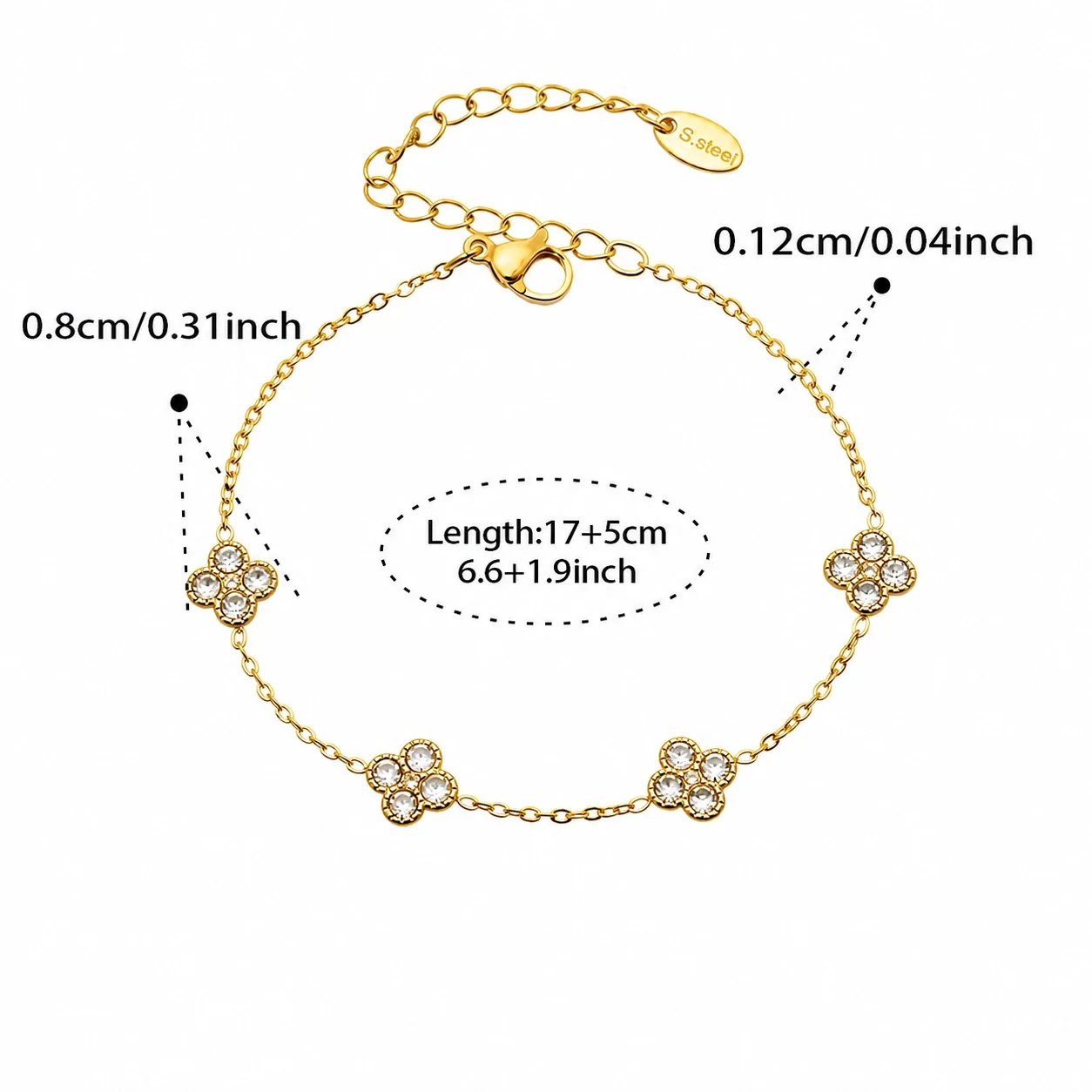 Clover 316L Stainless Steel Round CZ Station Jewelry Set - Gold White CZ 17+5 cm