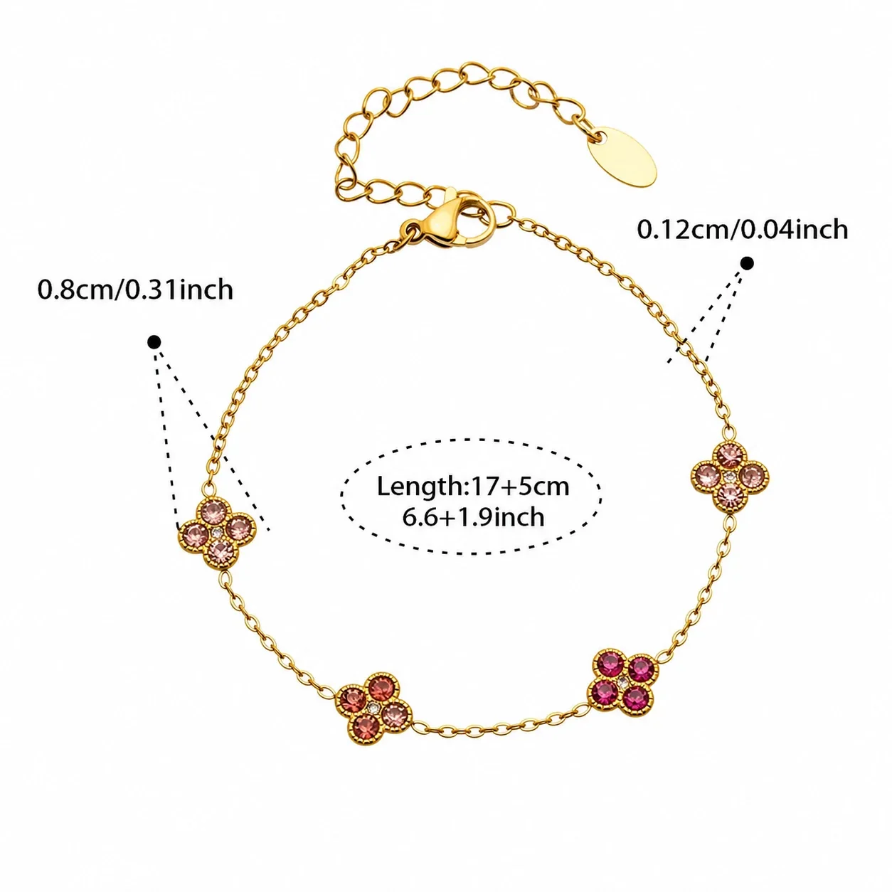 Clover 316L Stainless Steel Round CZ Station Jewelry Set - Gold Pink CZ 17+5 cm
