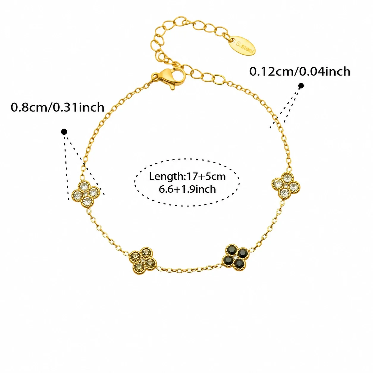 Clover 316L Stainless Steel Round CZ Station Jewelry Set - Gold Black CZ 17+5 cm
