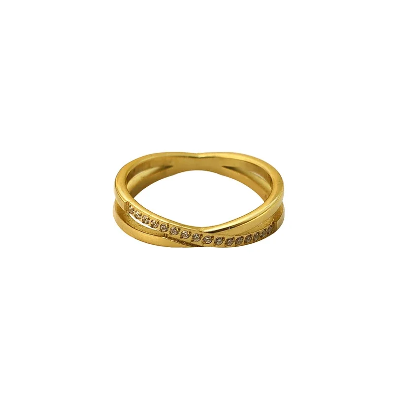 Polished 316 Stainless Steel Cross-Over Pavé Ring