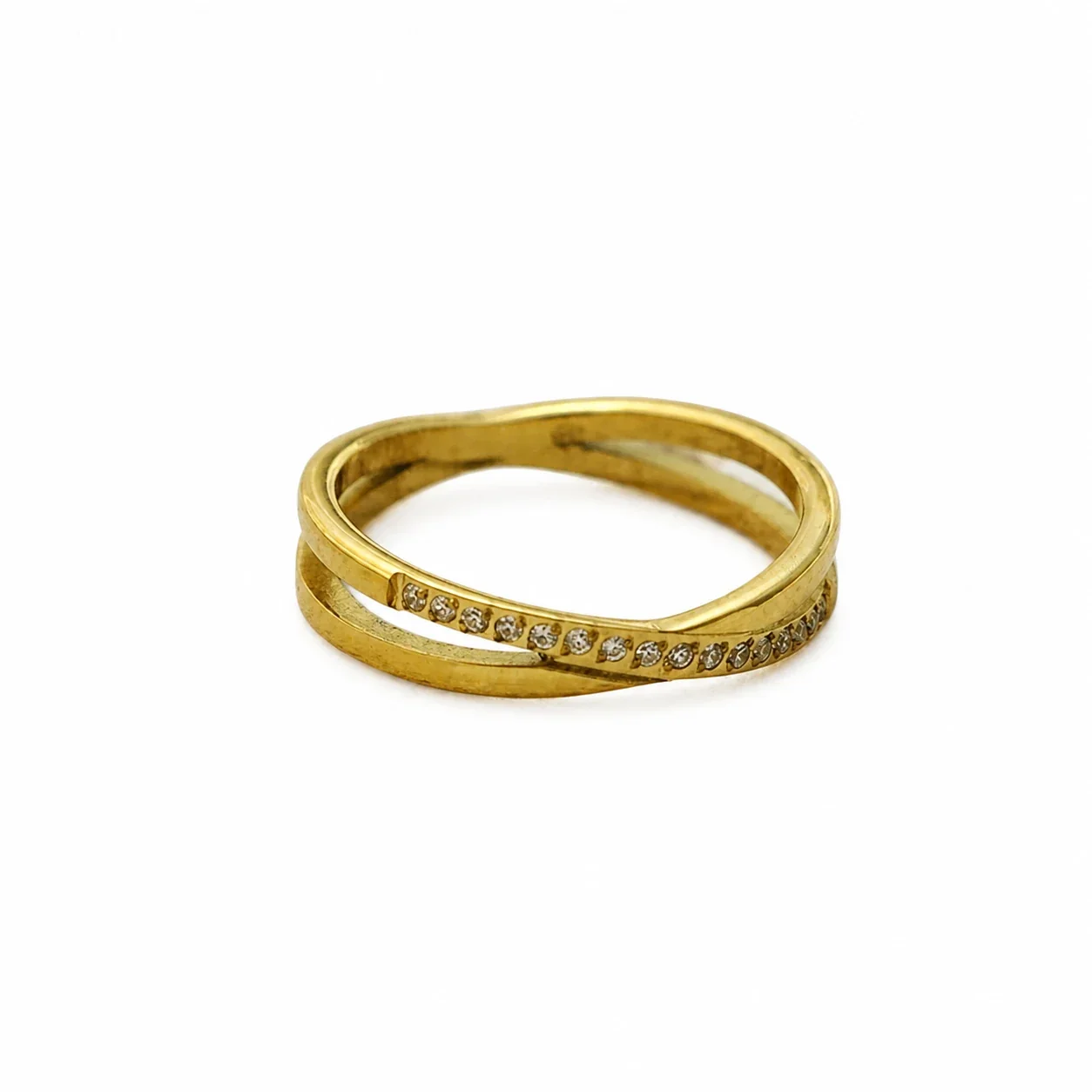 Polished 316 Stainless Steel Cross-Over Pavé Ring