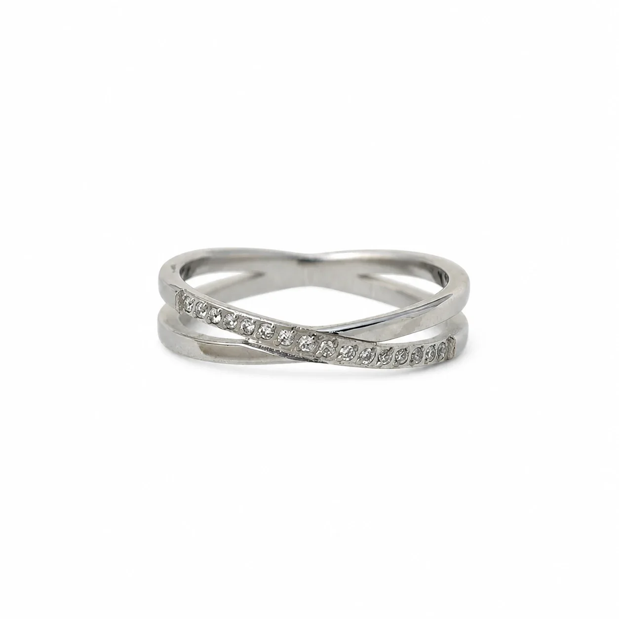 Polished 316 Stainless Steel Cross-Over Pavé Ring