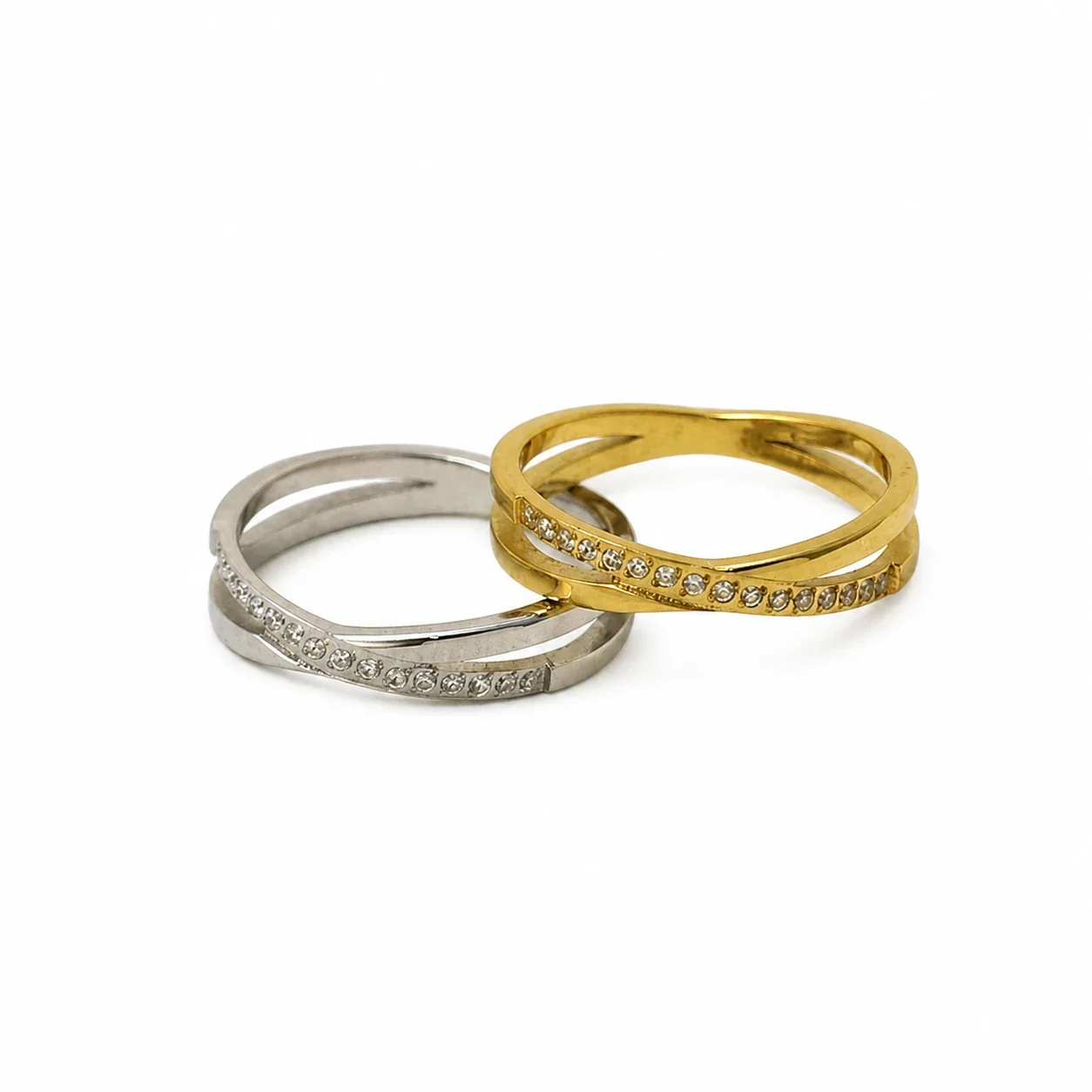 Polished 316 Stainless Steel Cross-Over Pavé Ring