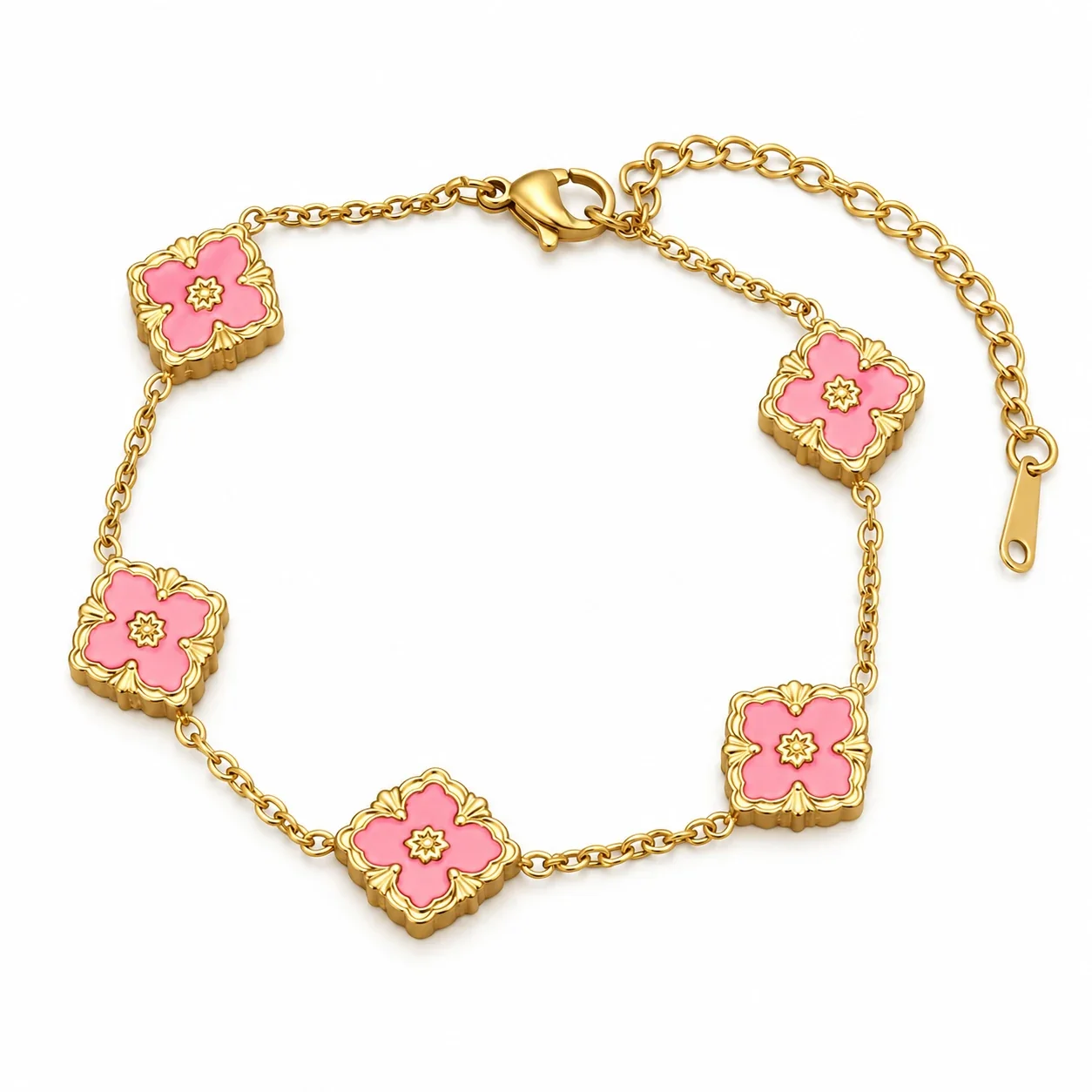 Photo produit : Bracelet chaîne à cinq fleurs en acier inoxydable plaqué or 18K