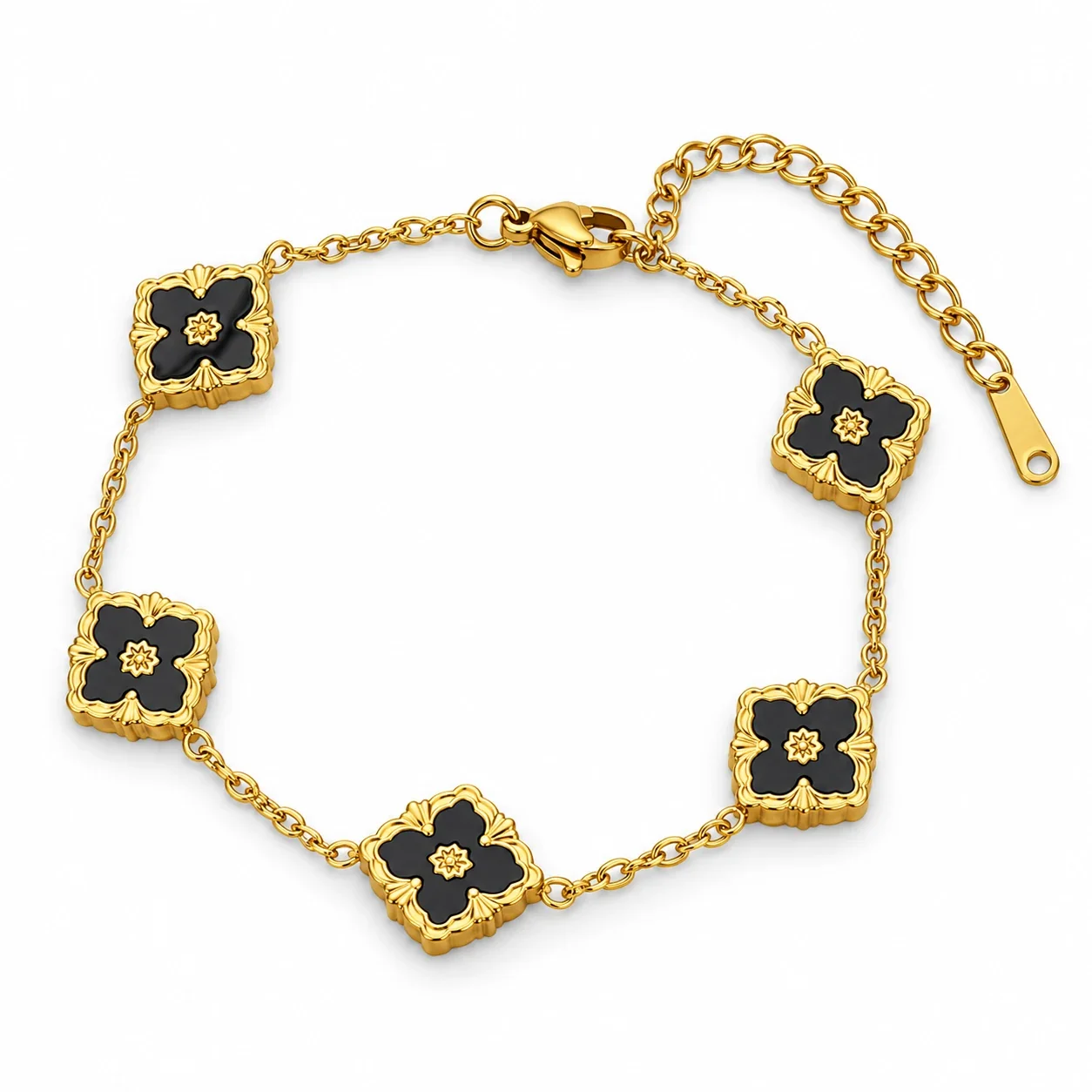Photo produit : Bracelet chaîne à cinq fleurs en acier inoxydable plaqué or 18K