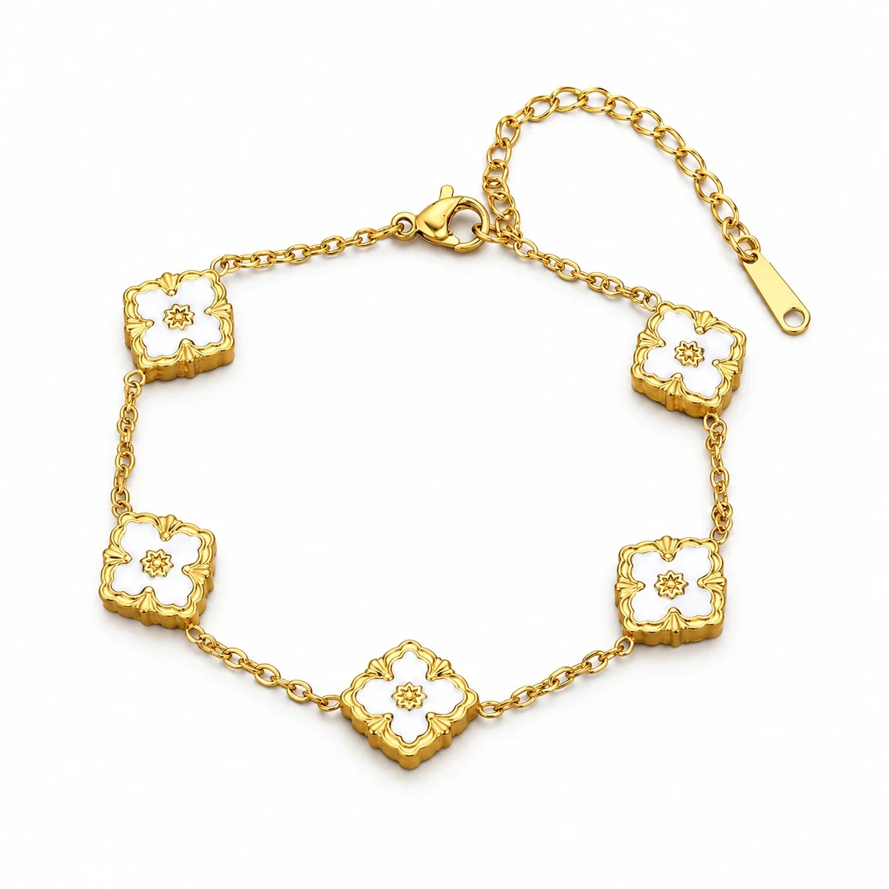Photo produit : Bracelet chaîne à cinq fleurs en acier inoxydable plaqué or 18K