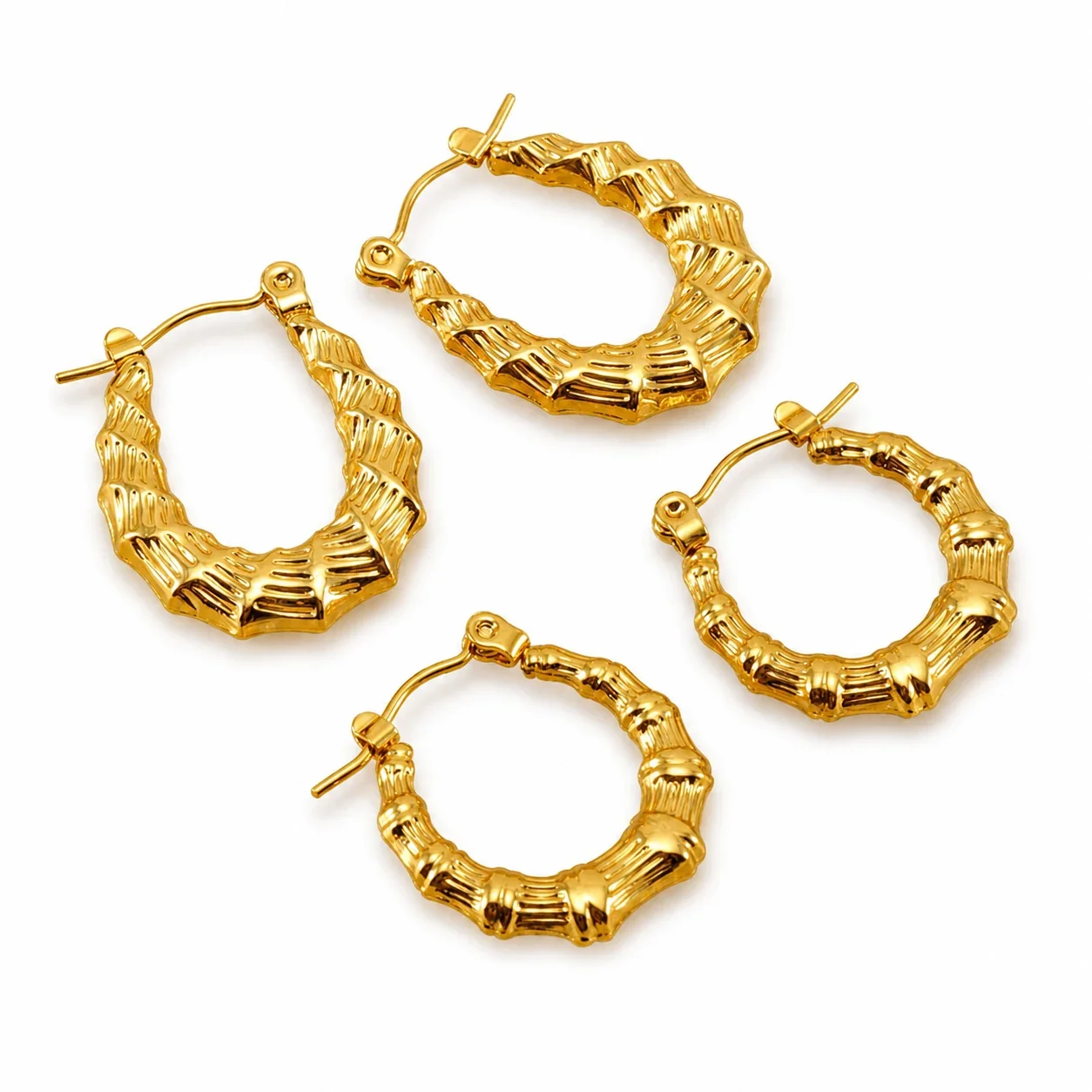 Sculptural Gold-Plated Bamboo Ribbed Hoop Earrings
