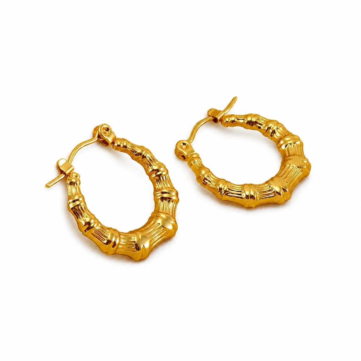 Sculptural Gold-Plated Bamboo Ribbed Hoop Earrings