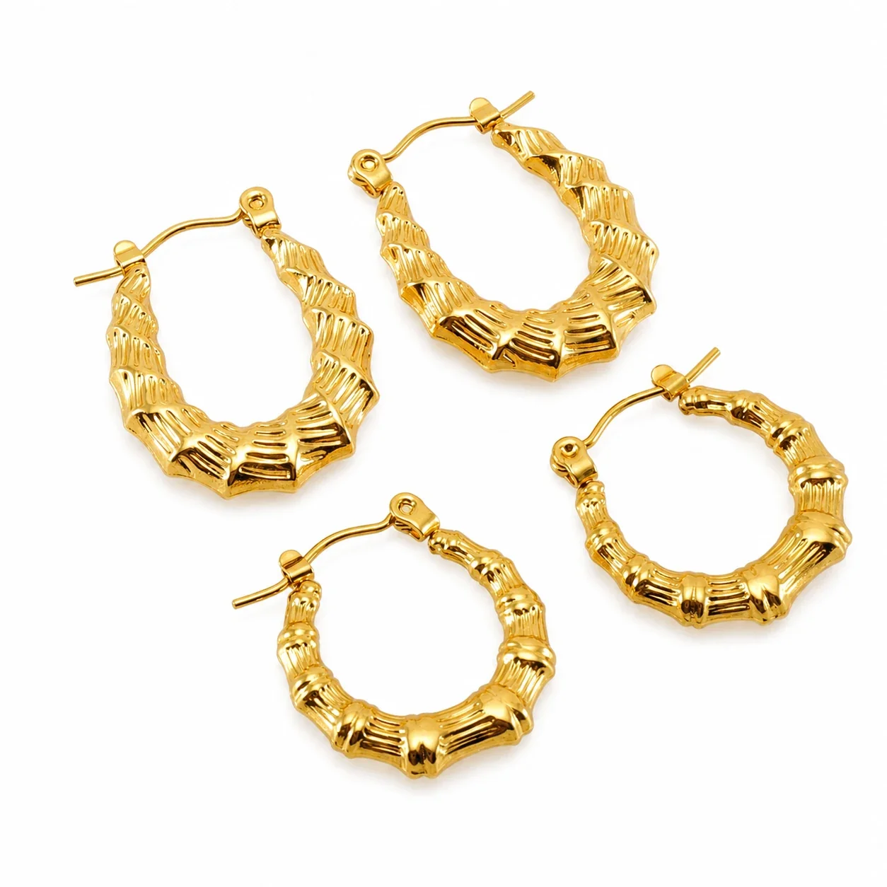 Sculptural Gold-Plated Bamboo Ribbed Hoop Earrings
