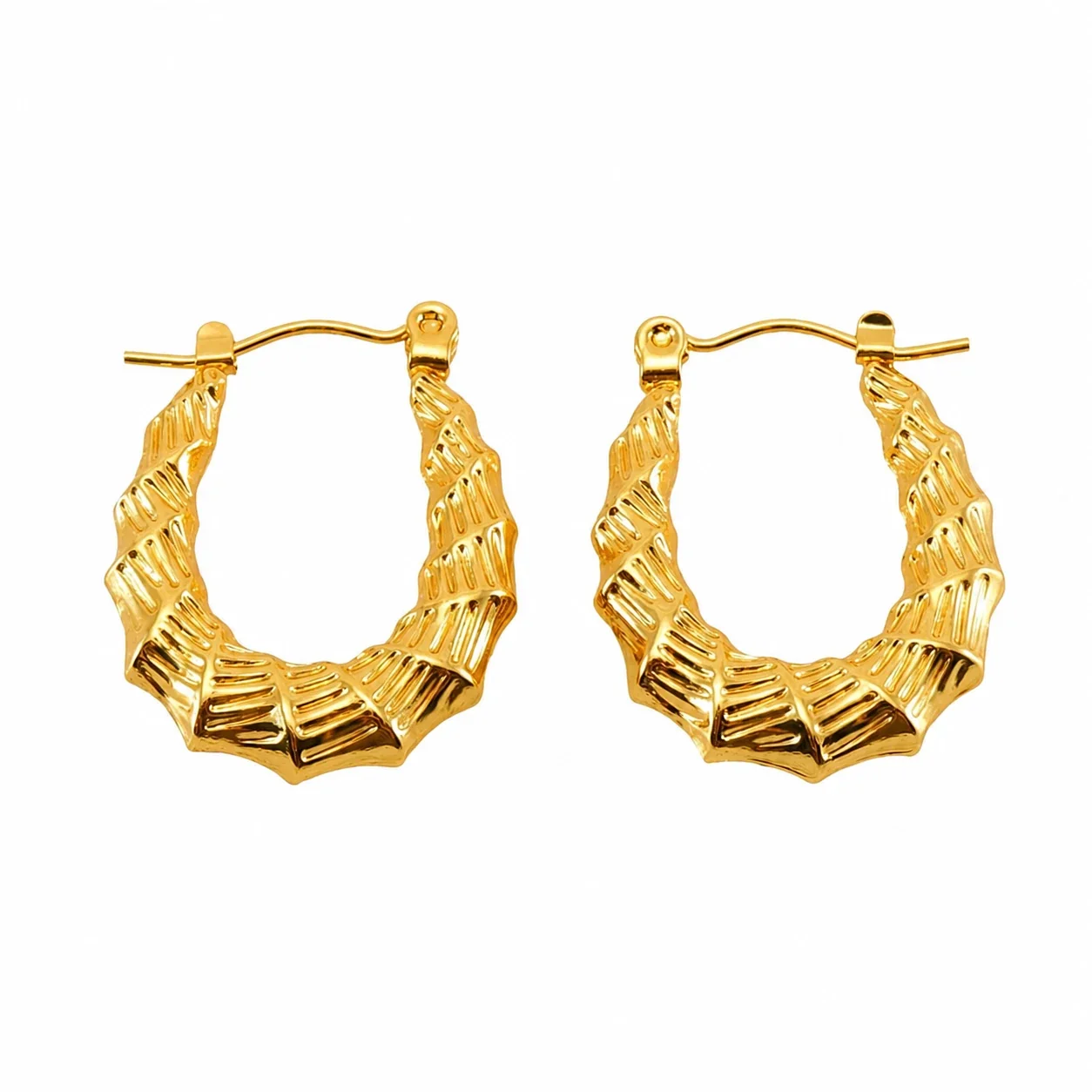 Sculptural Gold-Plated Bamboo Ribbed Hoop Earrings - Gold Bamboo Hoop ZE1234G