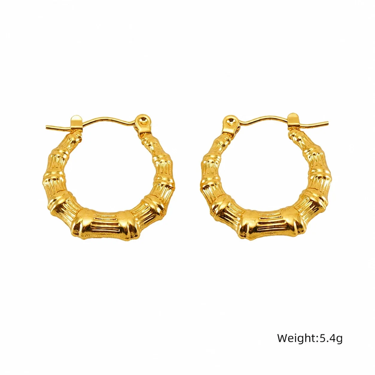 Sculptural Gold-Plated Bamboo Ribbed Hoop Earrings - Gold Bamboo Hoop ZE1240G