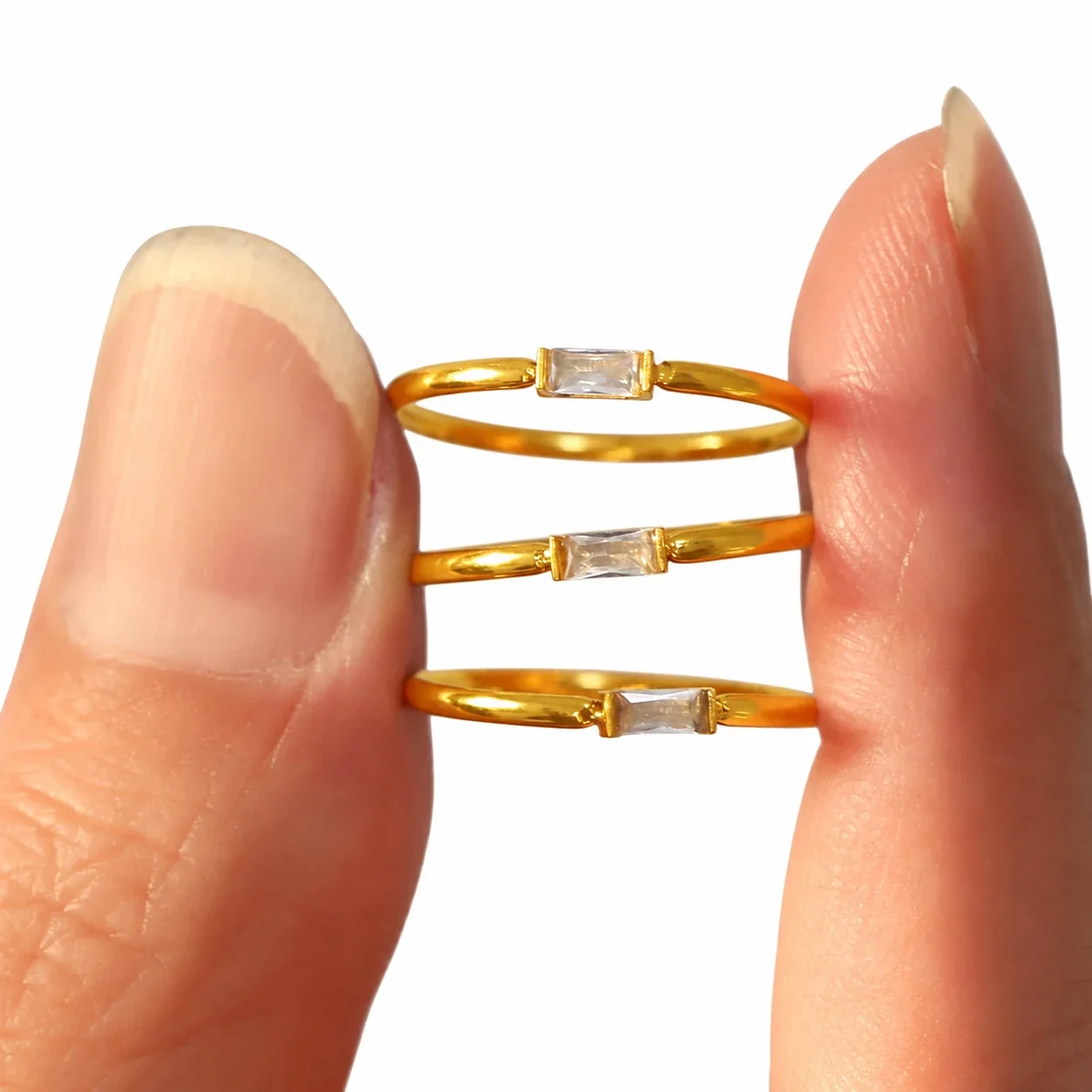 Delicate Gold-Plated Stainless Steel Baguette CZ Stacking Ring