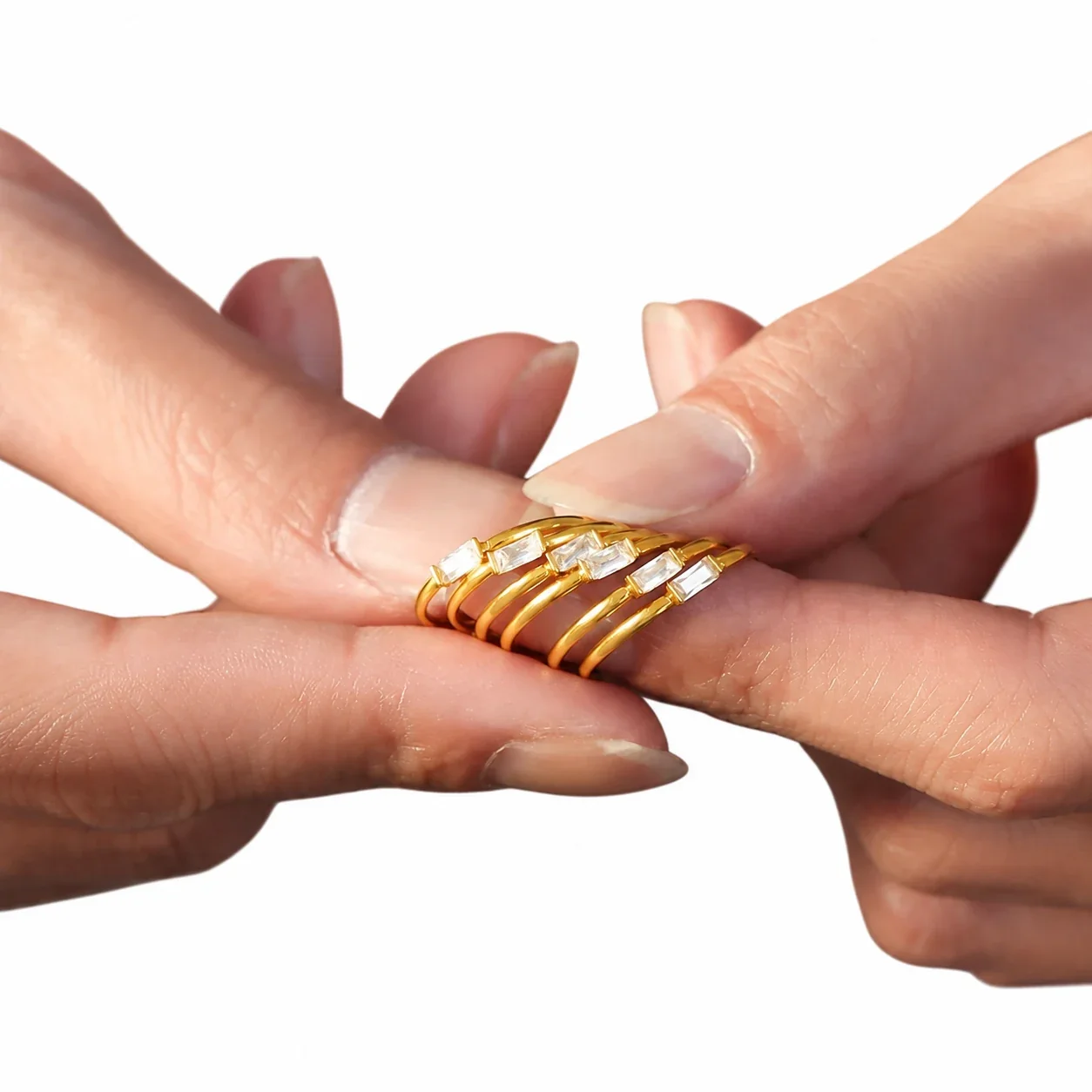 Delicate Gold-Plated Stainless Steel Baguette CZ Stacking Ring
