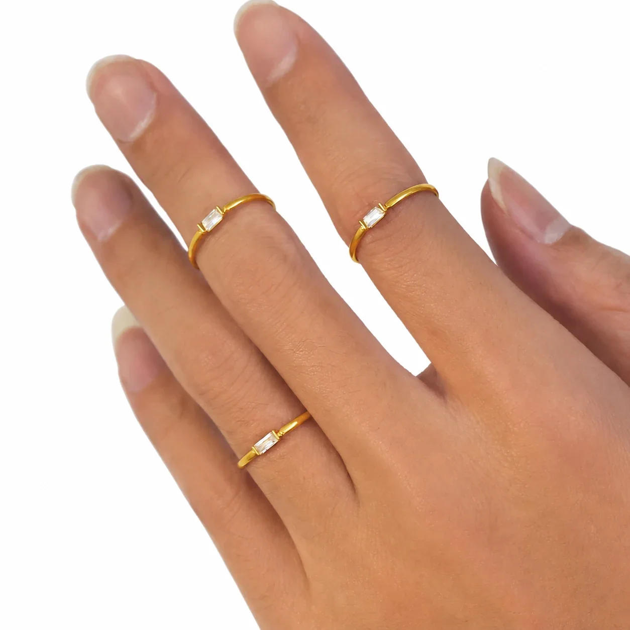 Delicate Gold-Plated Stainless Steel Baguette CZ Stacking Ring