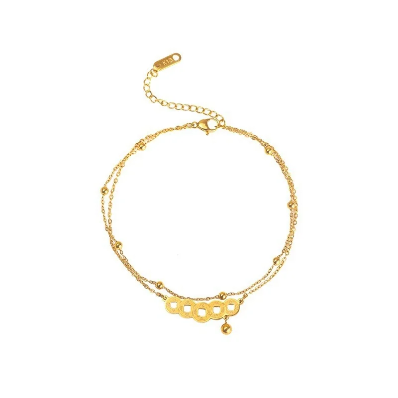 Anklet Double Chain Five Coin Bell Gold-Tone Stainless Steel