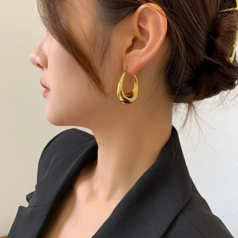 Hoop Earrings with Rounded Teardrop Profile in Stainless Steel