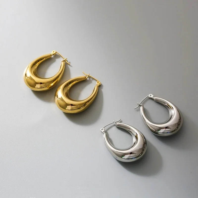 Hoop Earrings with Rounded Teardrop Profile in Stainless Steel