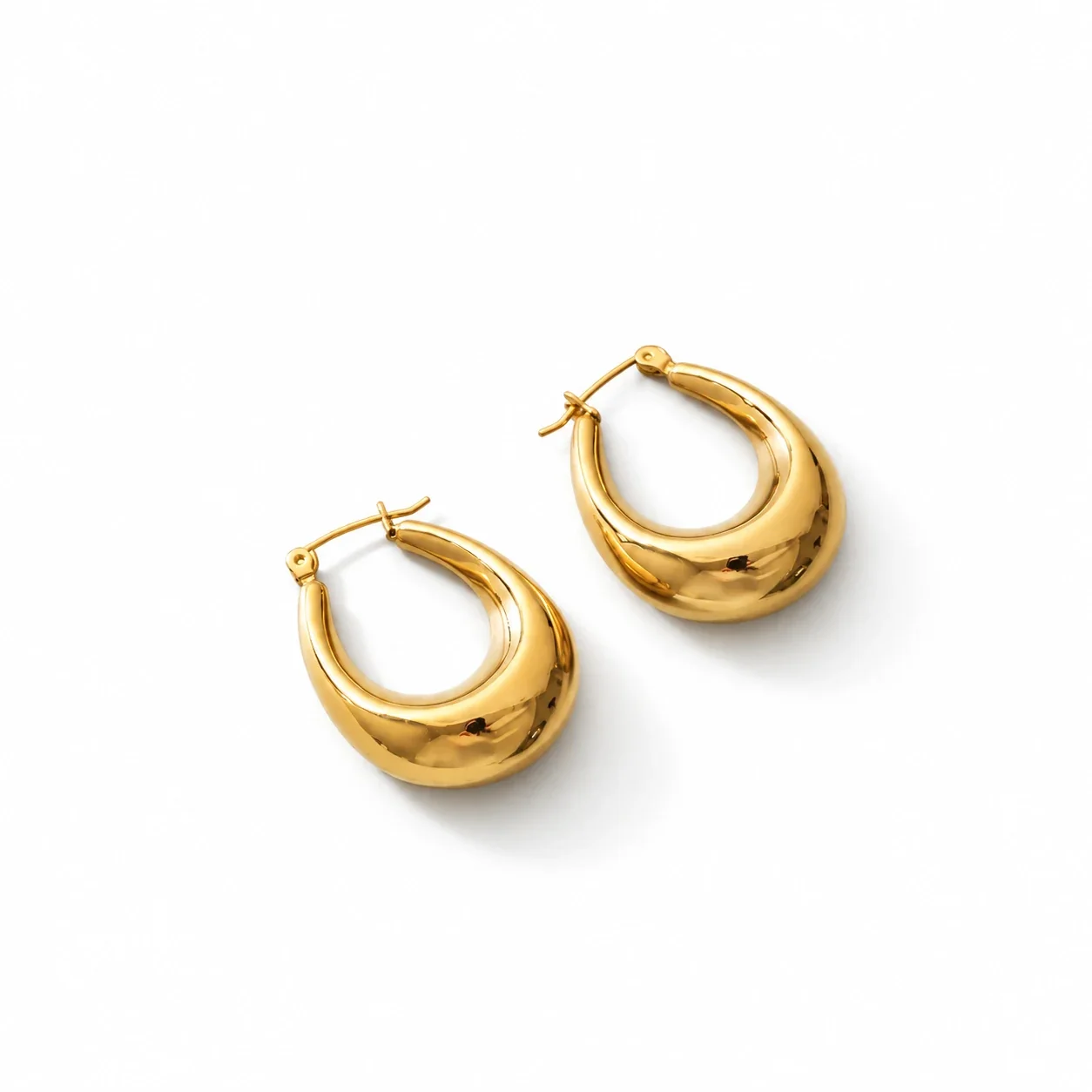 Hoop Earrings with Rounded Teardrop Profile in Stainless Steel - Gold Oval