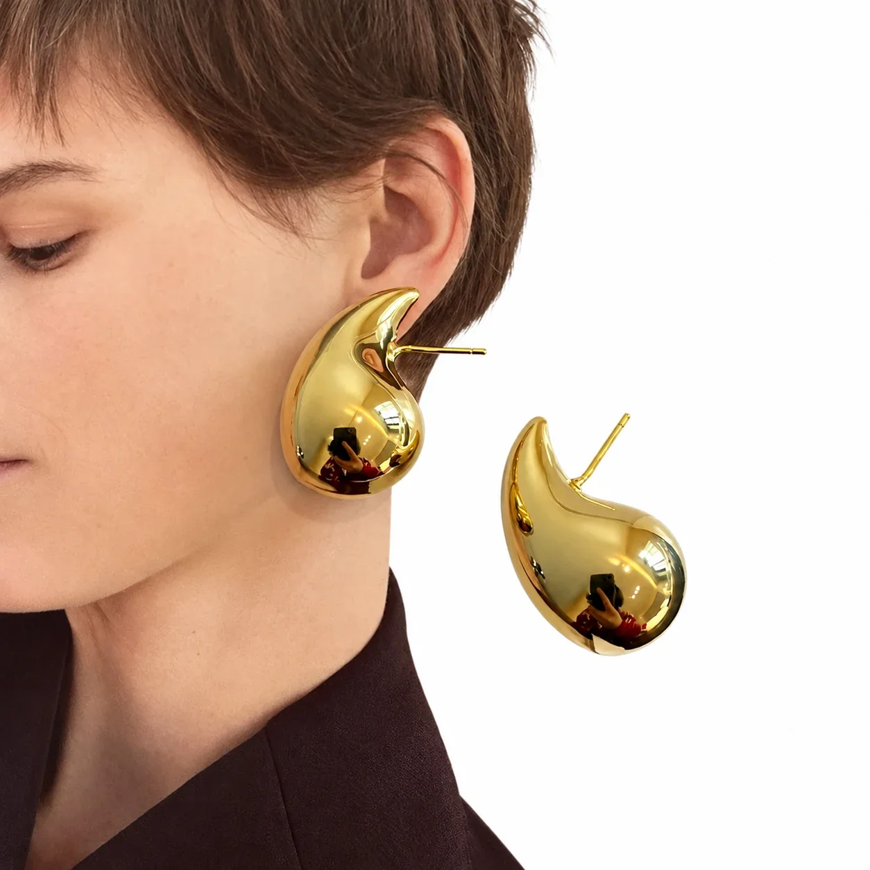 Hoop Earrings with Rounded Teardrop Profile in Stainless Steel - Gold Teardrop
