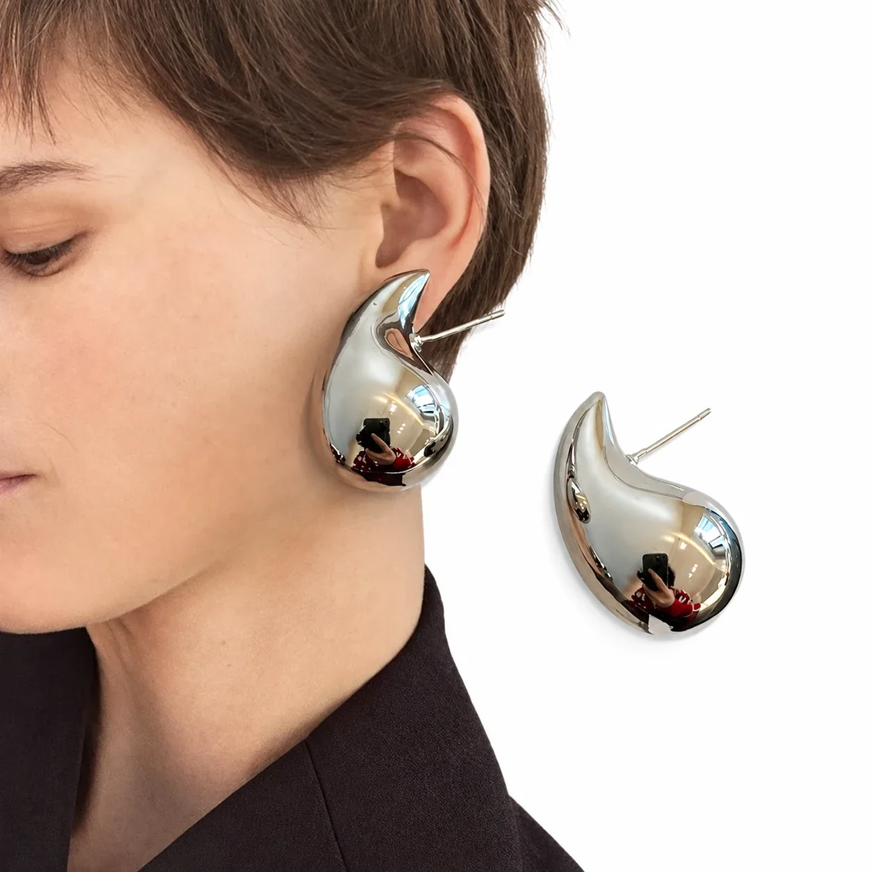 Hoop Earrings with Rounded Teardrop Profile in Stainless Steel - Silver Teardrop