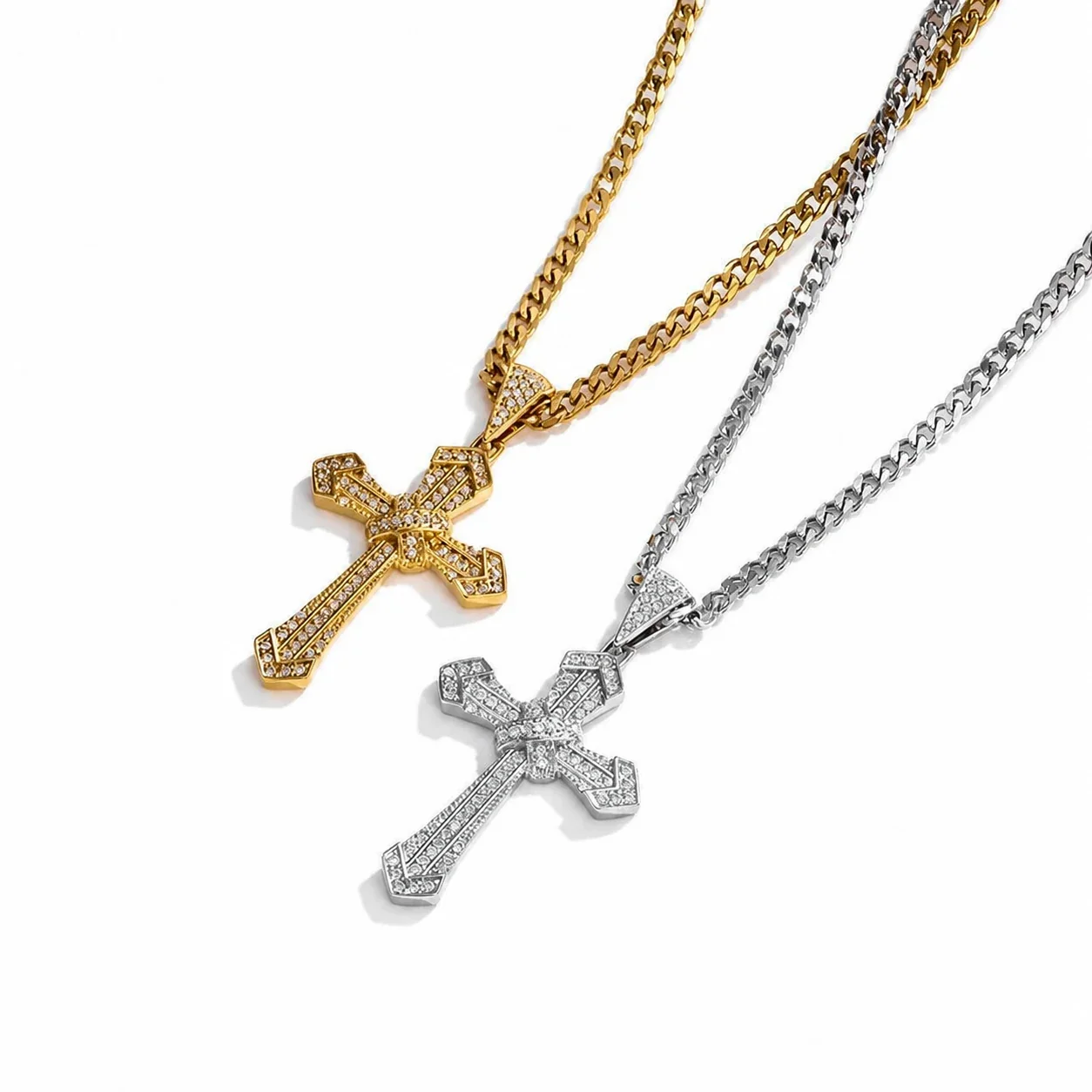 Ornate 316 Stainless Steel Pavé Cross Pendant Necklace