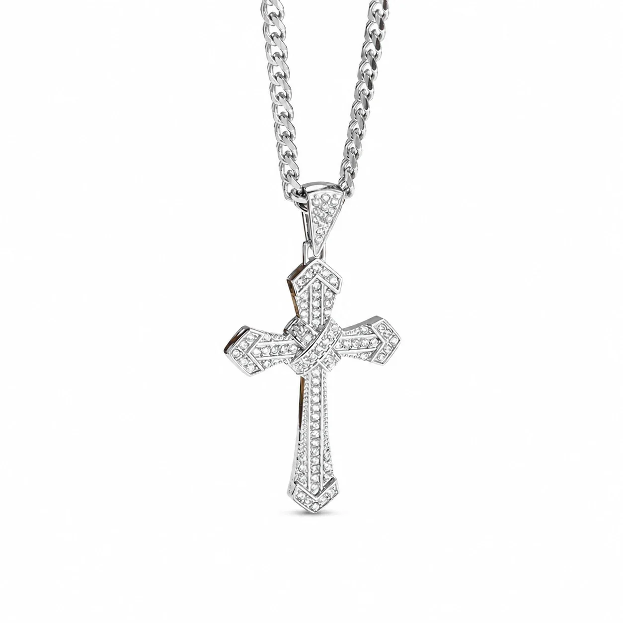 Ornate 316 Stainless Steel Pavé Cross Pendant Necklace
