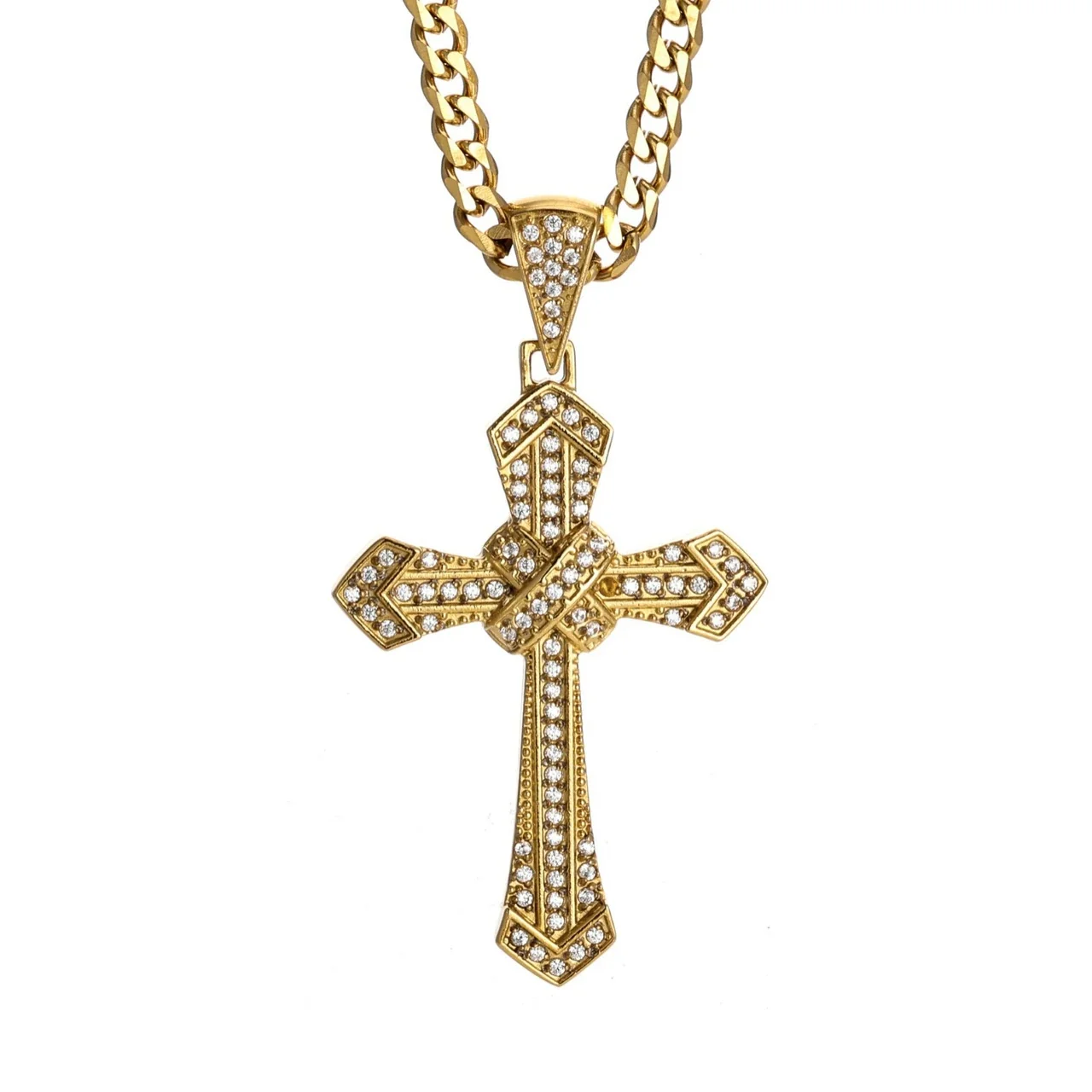 Ornate 316 Stainless Steel Pavé Cross Pendant Necklace